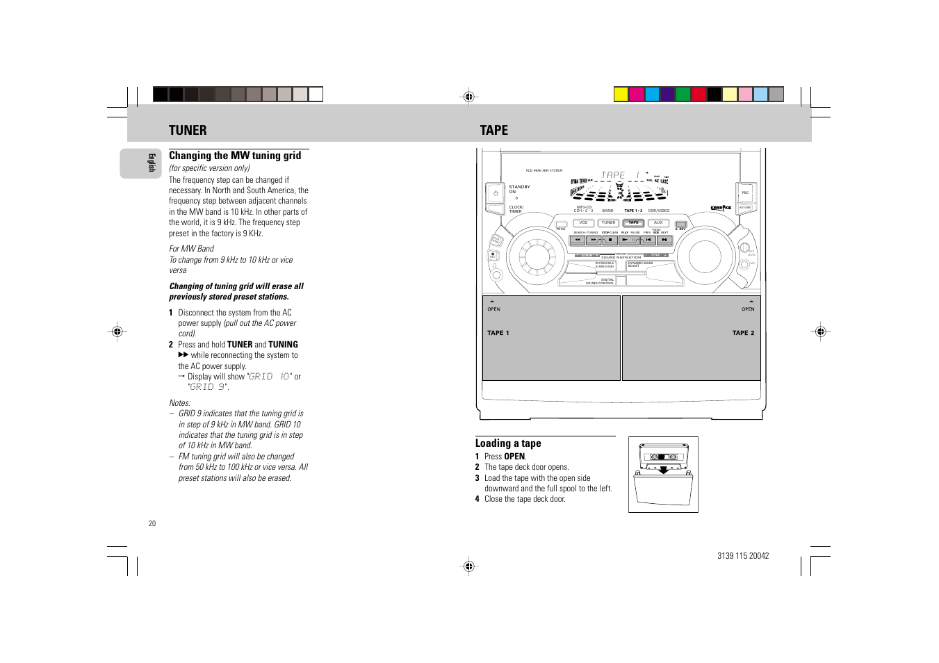 Tuner tape, Changing the mw tuning grid, Loading a tape | English | Philips FW-V55 User Manual | Page 20 / 28