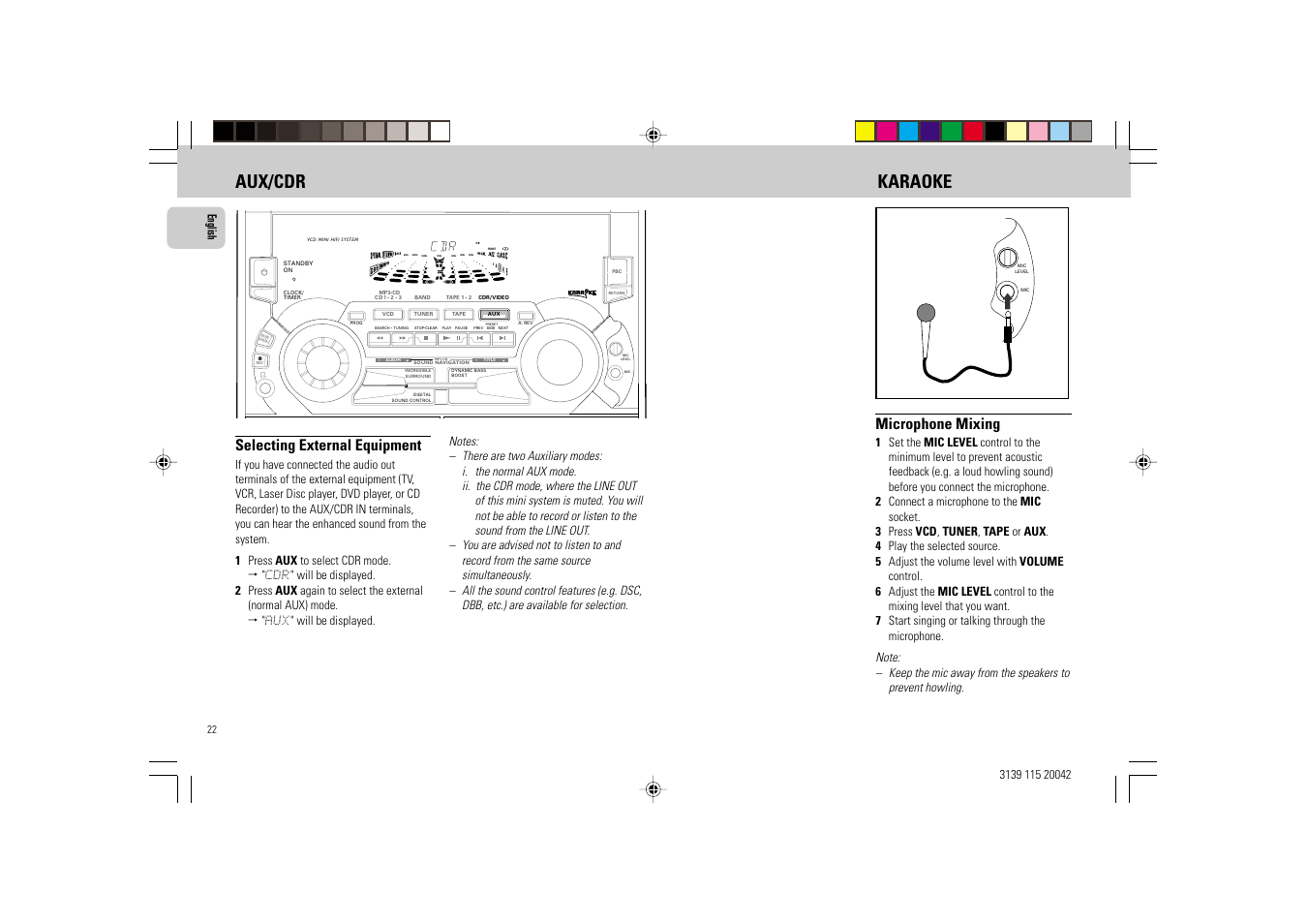 Aux/cdr karaoke, Selecting external equipment, Microphone mixing | English | Philips FW-V55 User Manual | Page 22 / 28