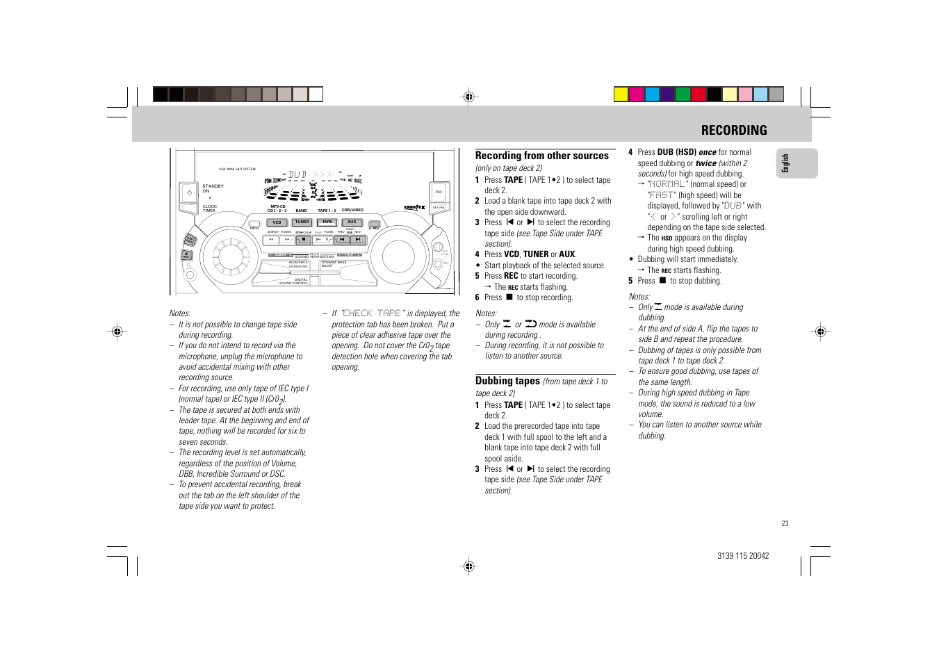 Recording, Recording from other sources, Dubbing tapes | Philips FW-V55 User Manual | Page 23 / 28