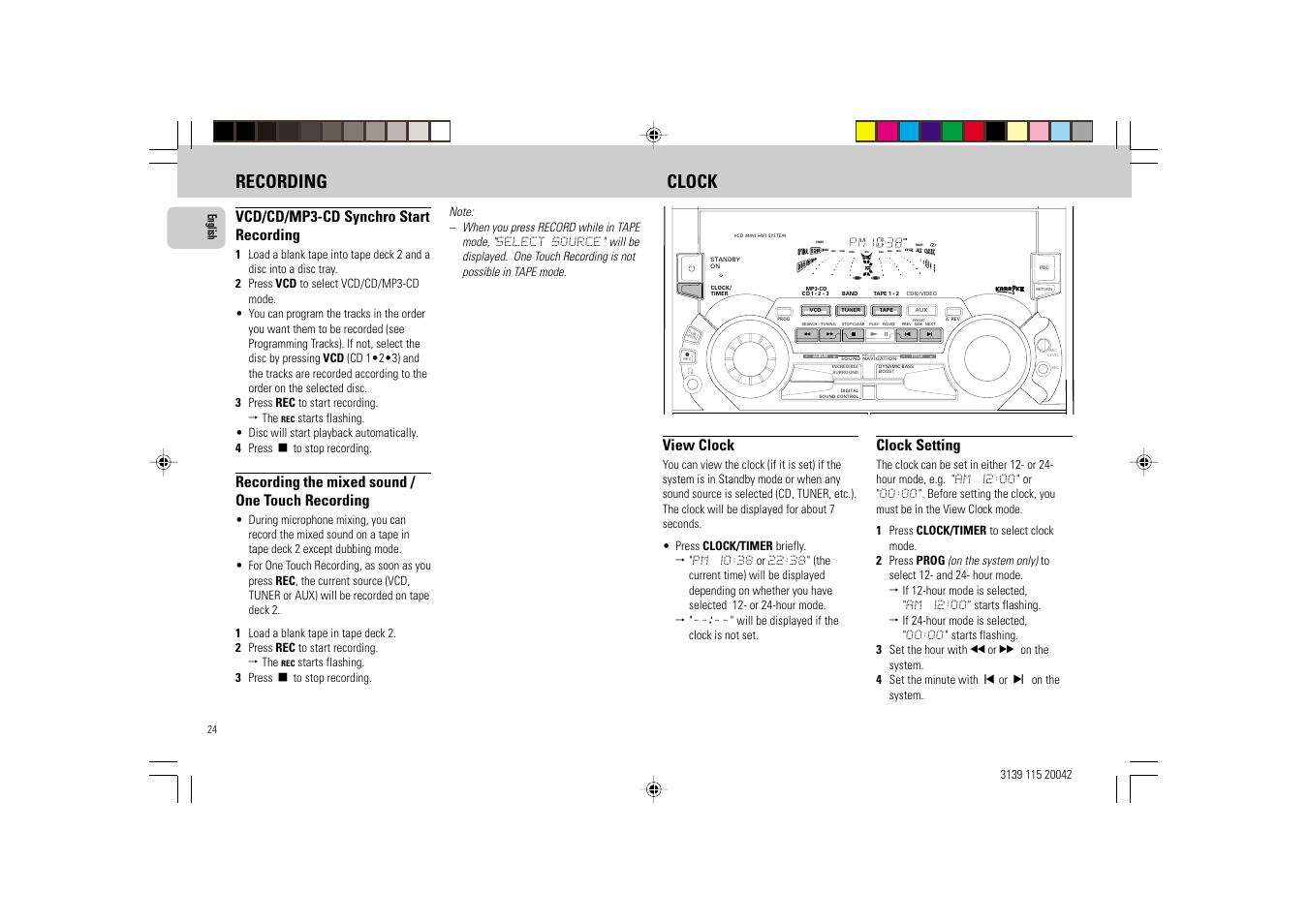 Recording clock, Vcd/cd/mp3-cd synchro start recording, Recording the mixed sound / one touch recording | View clock, Clock setting | Philips FW-V55 User Manual | Page 24 / 28
