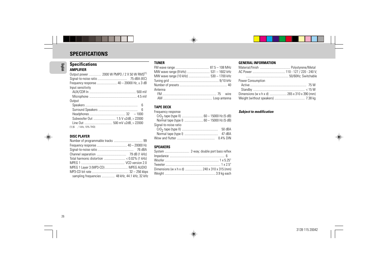 Specifications | Philips FW-V55 User Manual | Page 26 / 28