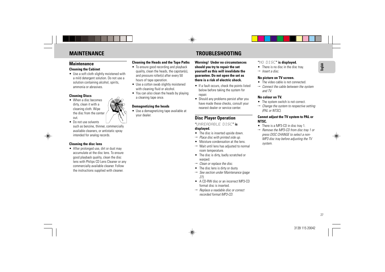 Maintenance troubleshooting | Philips FW-V55 User Manual | Page 27 / 28