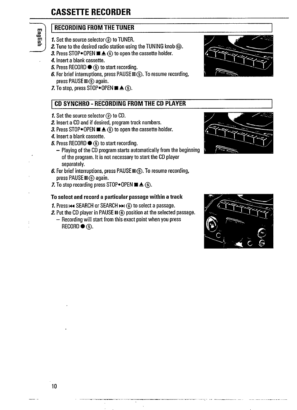 Cassehe recorder, Recording from the tuner, Cd synchro - recording from the cd player | Philips AZ 1102 User Manual | Page 10 / 17