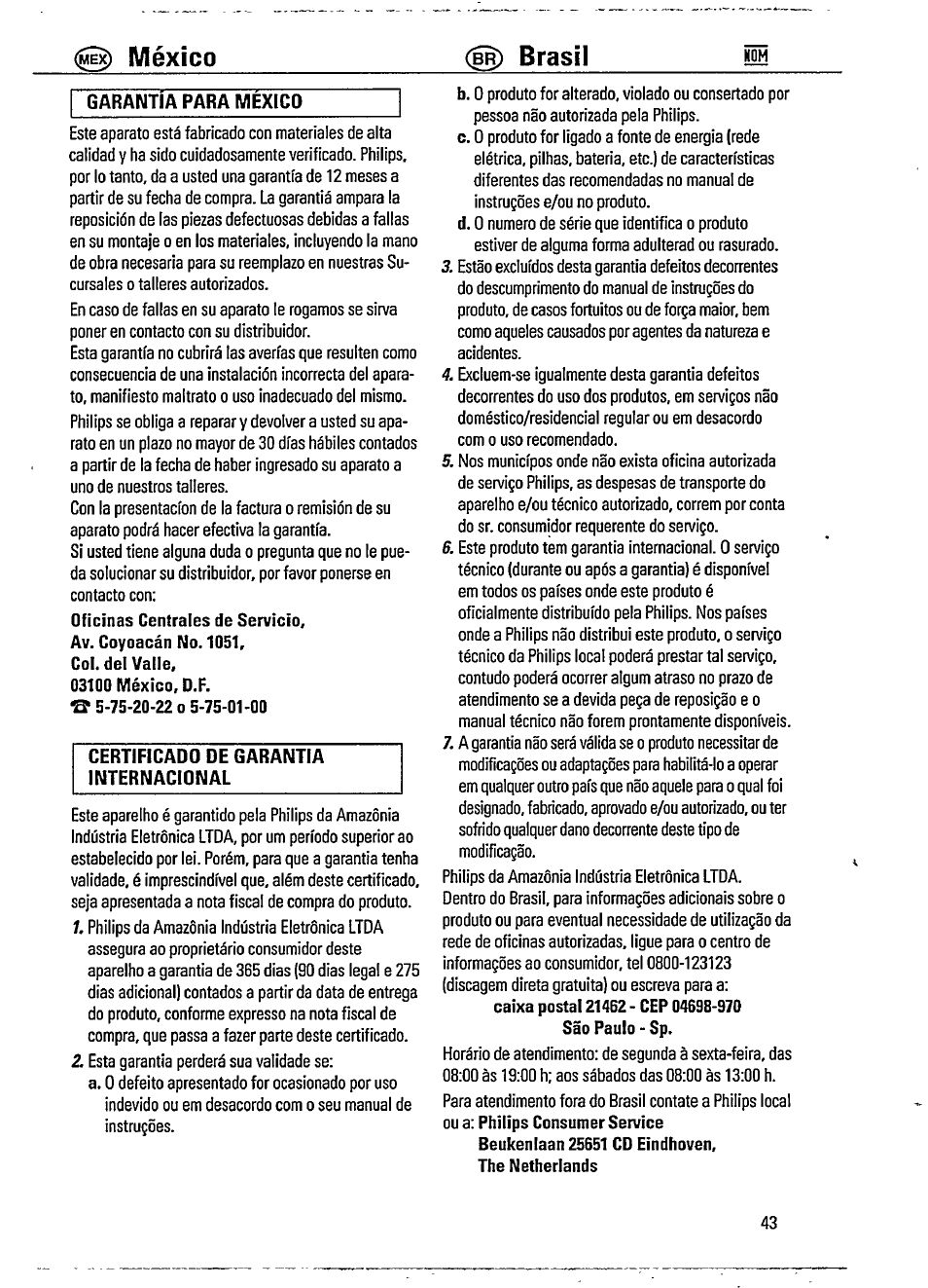 México, Brasil иом, Garantia para mexico | Certificado de garantia internacional | Philips AZ 1102 User Manual | Page 14 / 17