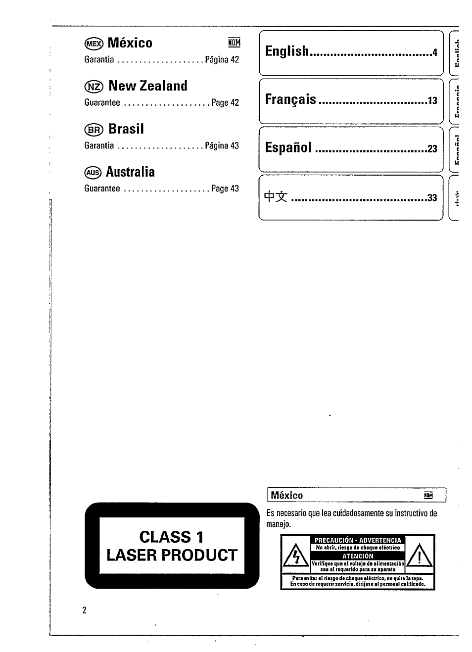 México him, New zealand, Brasil | Australia, English frangais, Español | Philips AZ 1102 User Manual | Page 2 / 17