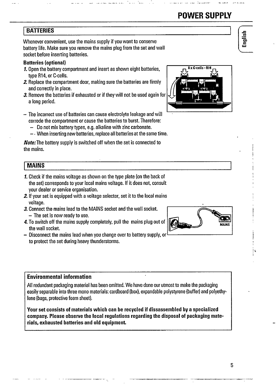 Batteries, Mains, Environmental information | Power supply | Philips AZ 1102 User Manual | Page 5 / 17