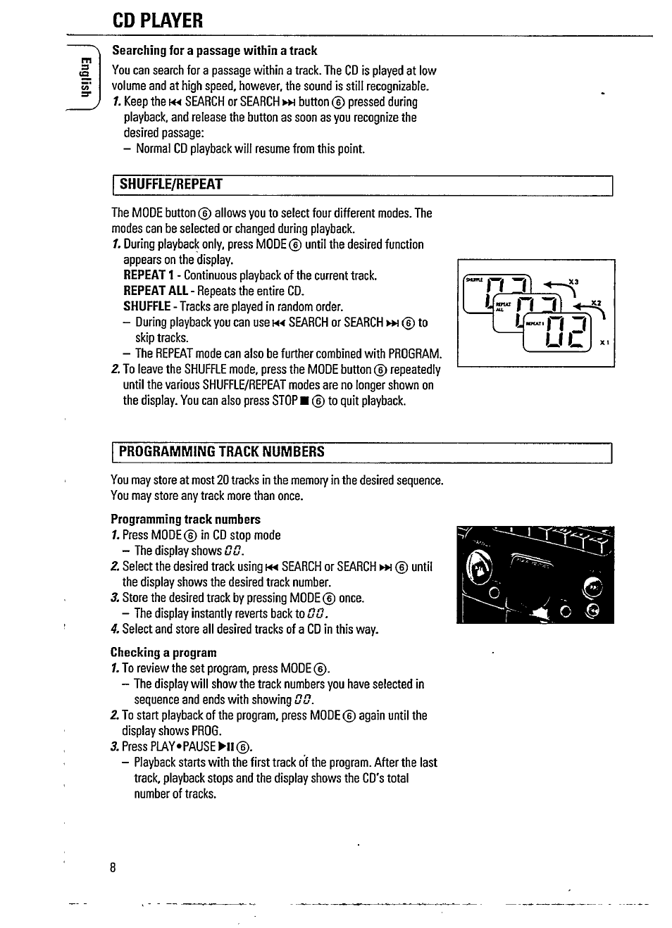 Shuffle/repeat, Programming track numbers, Cd player | Philips AZ 1102 User Manual | Page 8 / 17