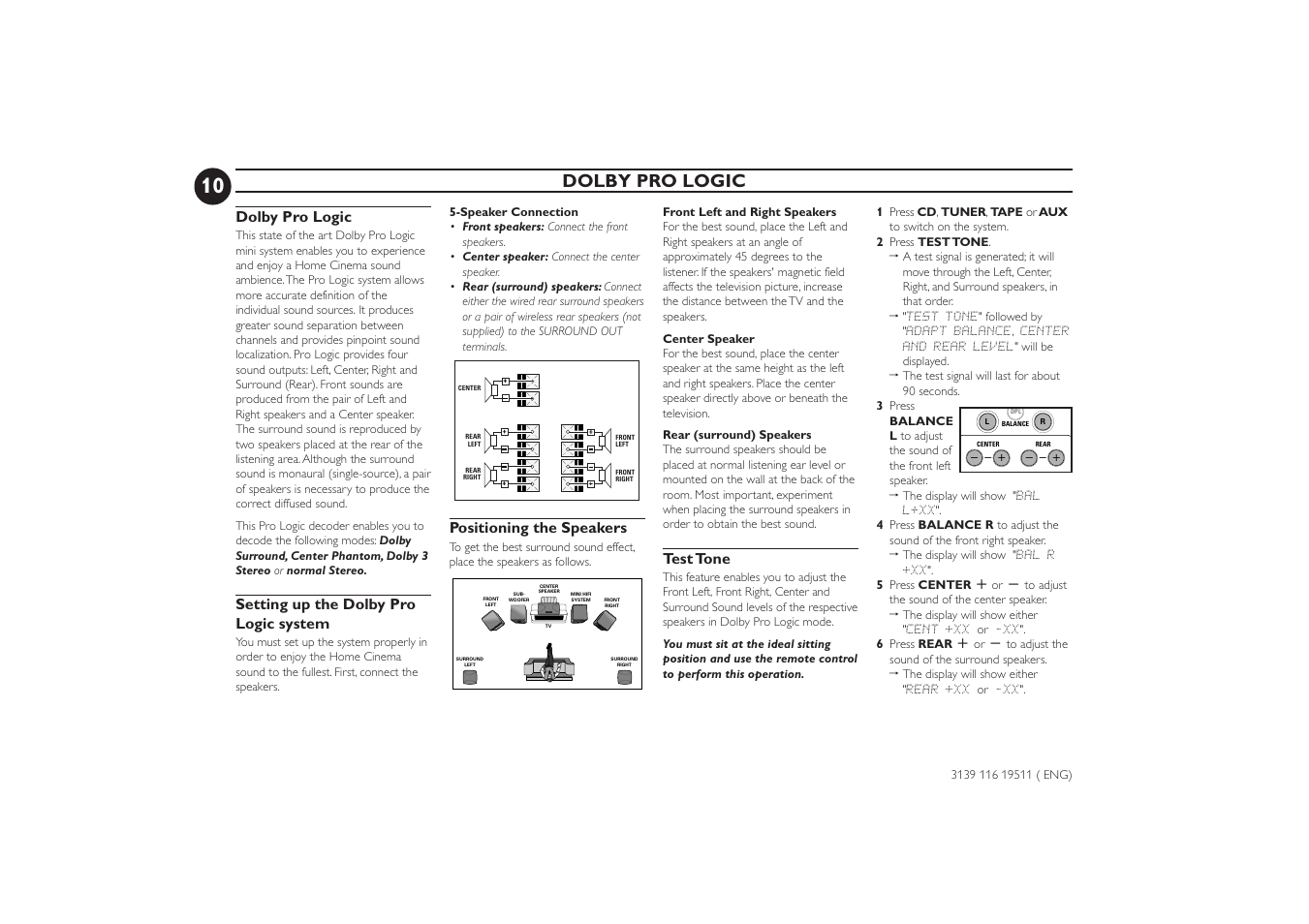 Dolby pro logic, Setting up the dolby pro logic system, Positioning the speakers | Test tone | Philips FW-P73 User Manual | Page 10 / 31