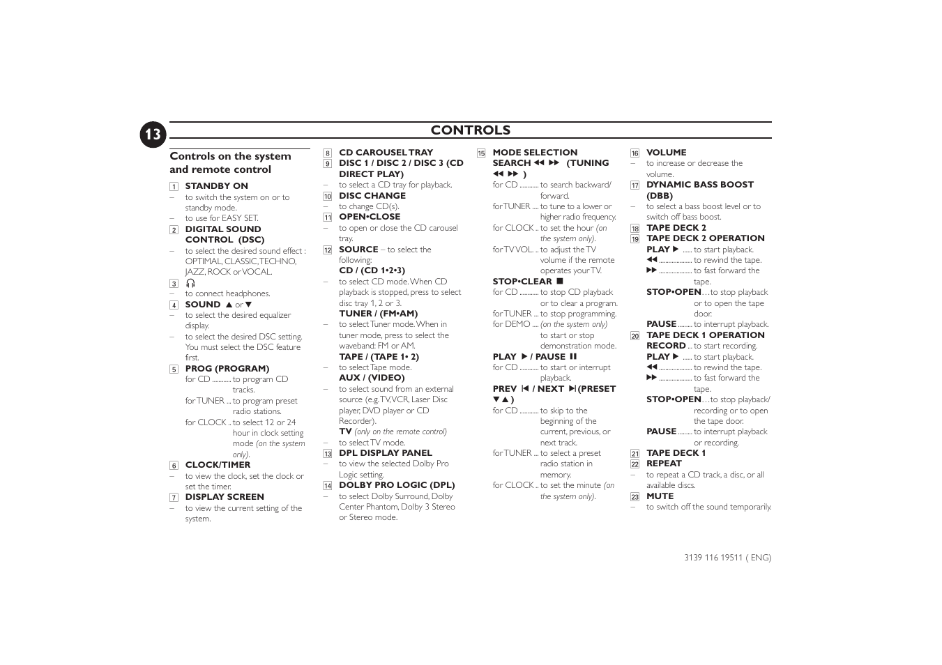 Controls | Philips FW-P73 User Manual | Page 13 / 31