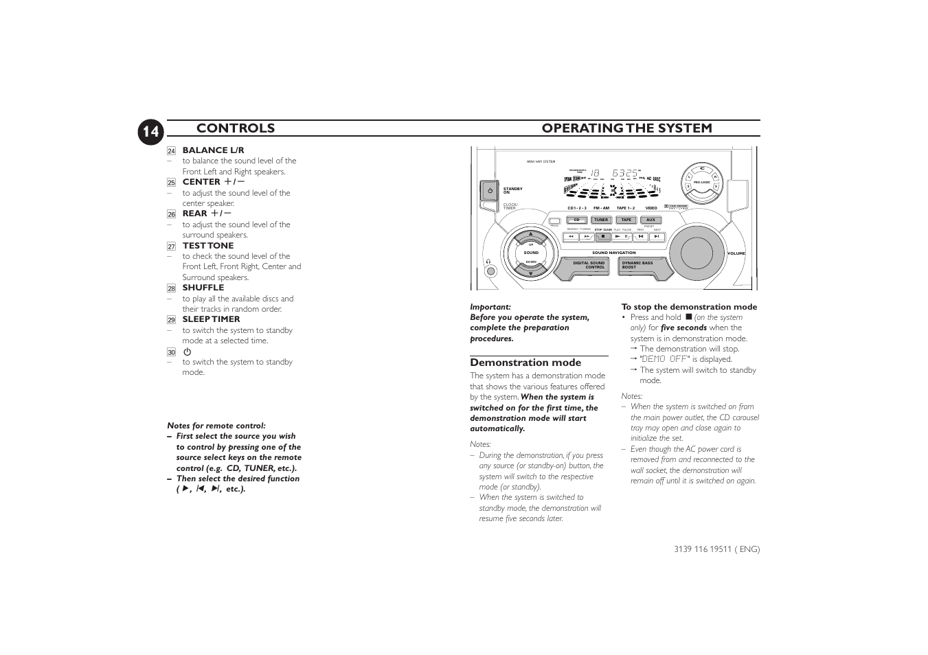 Controls operating the system, Demonstration mode | Philips FW-P73 User Manual | Page 14 / 31