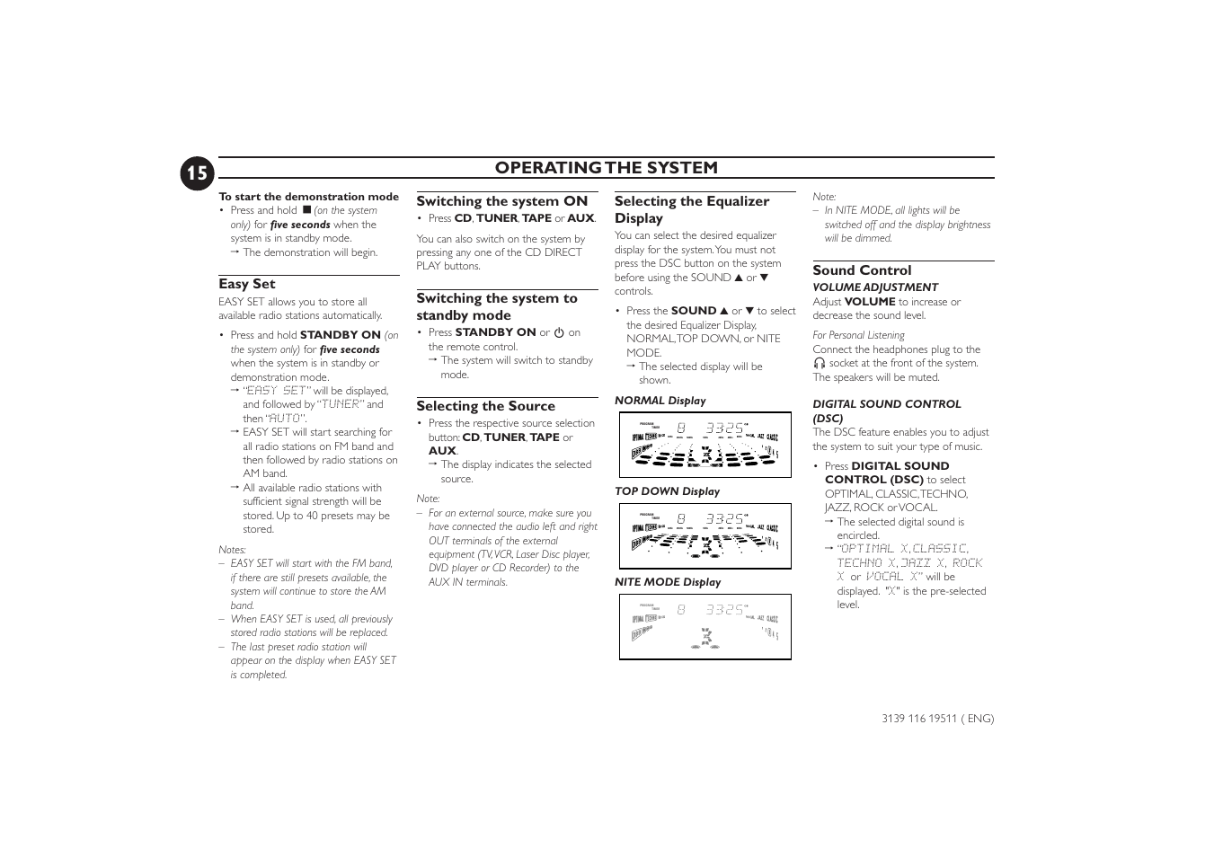 Operating the system, Easy set, Switching the system on | Switching the system to standby mode, Selecting the source, Selecting the equalizer display, Sound control | Philips FW-P73 User Manual | Page 15 / 31