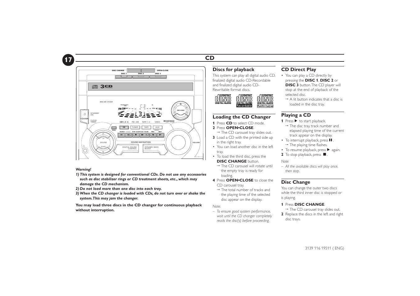 Discs for playback, Loading the cd changer, Cd direct play | Playing a cd, Disc change | Philips FW-P73 User Manual | Page 17 / 31