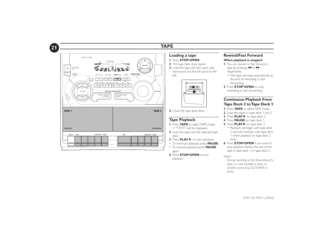 Tape, Loading a tape, Tape playback | Rewind/fast forward | Philips FW-P73 User Manual | Page 21 / 31