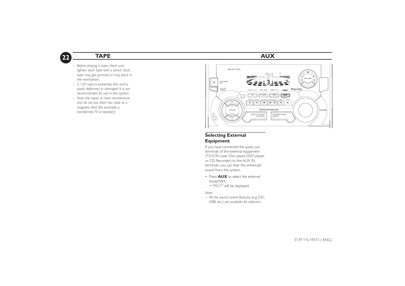 Tape aux, Selecting external equipment | Philips FW-P73 User Manual | Page 22 / 31