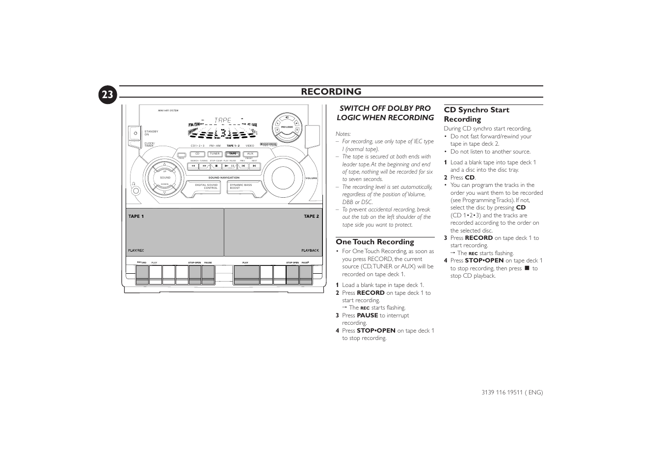 Recording, Switch off dolby pro logic when recording, One touch recording | Cd synchro start recording | Philips FW-P73 User Manual | Page 23 / 31