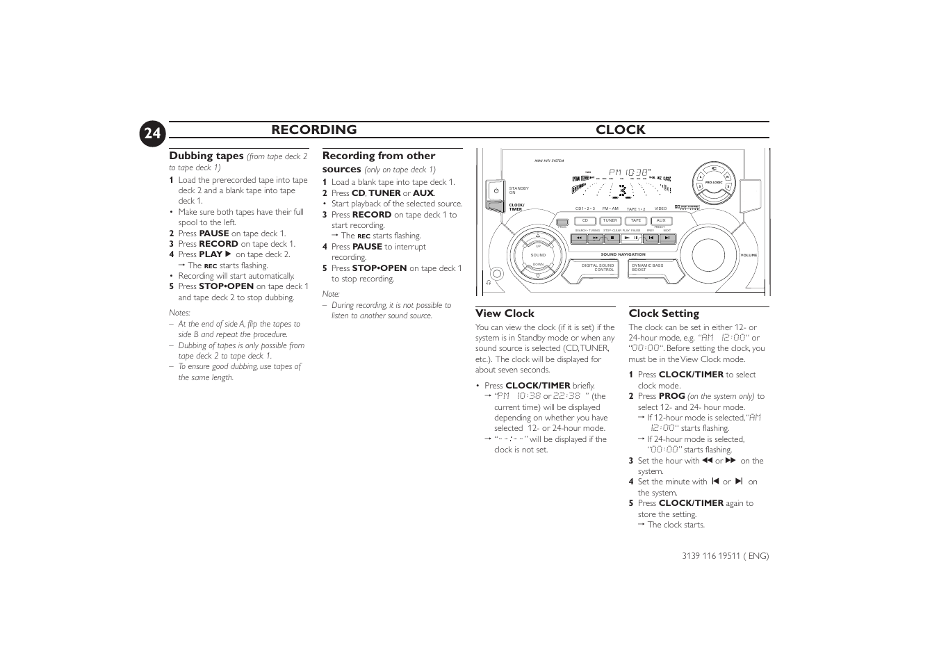 Recording clock, Dubbing tapes, View clock | Clock setting, Recording from other sources | Philips FW-P73 User Manual | Page 24 / 31