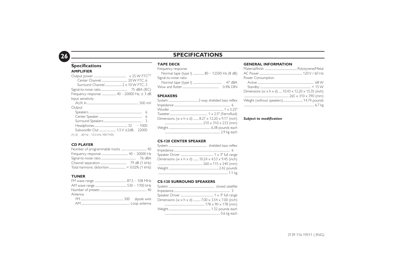 Specifications | Philips FW-P73 User Manual | Page 26 / 31