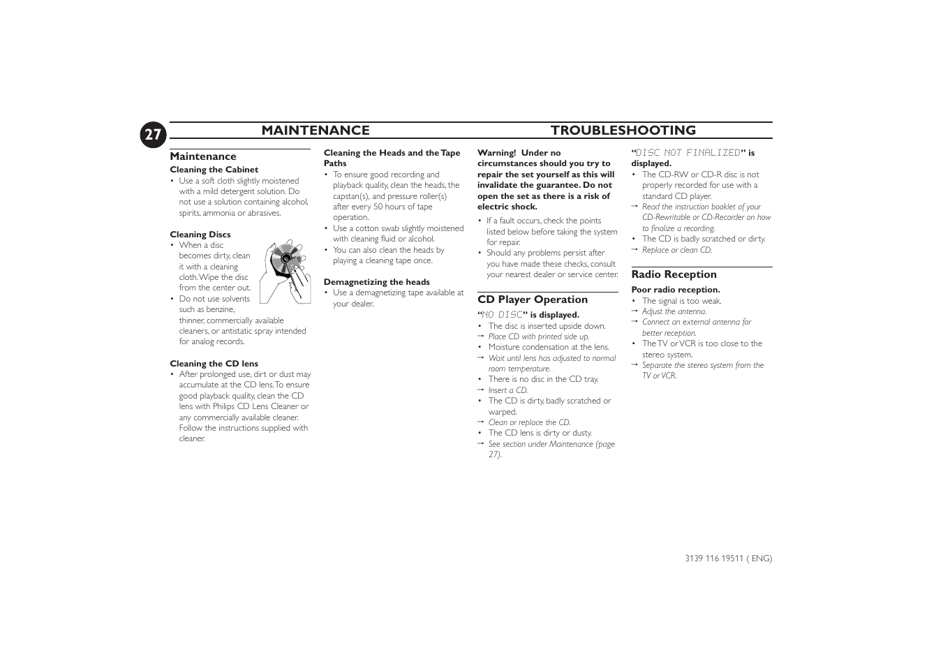 Maintenance troubleshooting | Philips FW-P73 User Manual | Page 27 / 31