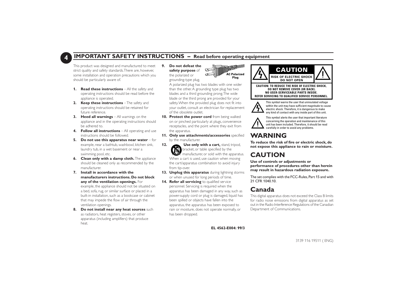 Warning, Canada, Important safety instructions | Caution | Philips FW-P73 User Manual | Page 4 / 31