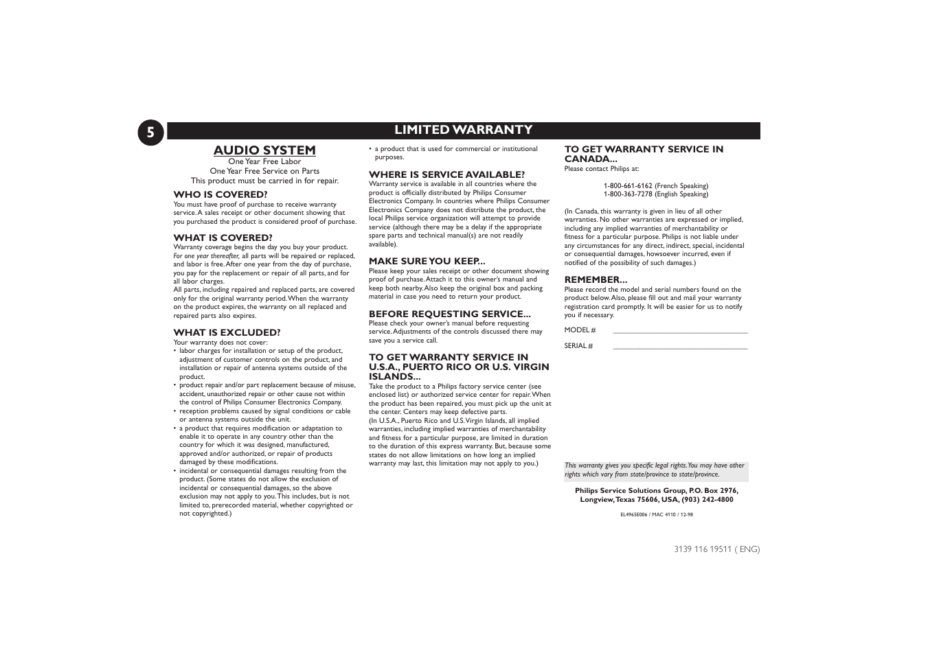 Limited warranty, Audio system | Philips FW-P73 User Manual | Page 5 / 31
