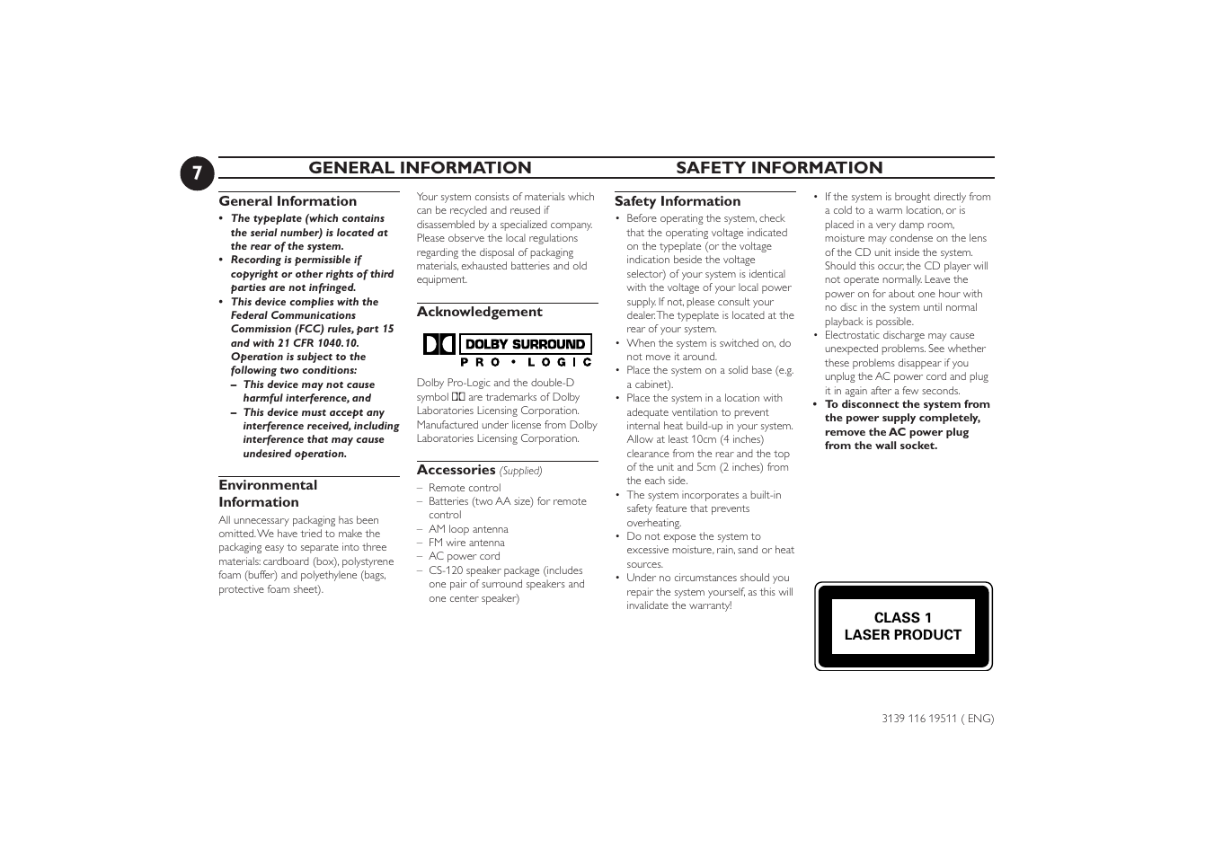 General information safety information | Philips FW-P73 User Manual | Page 7 / 31