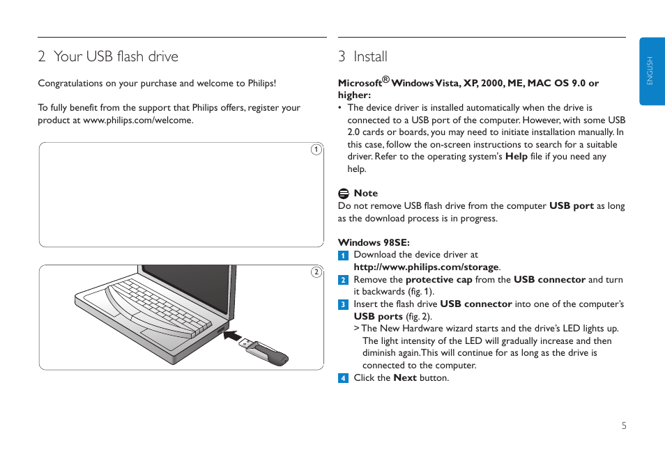 2 your usb flash drive, 3 install | Philips FMXXFD02B/00 User Manual | Page 5 / 10