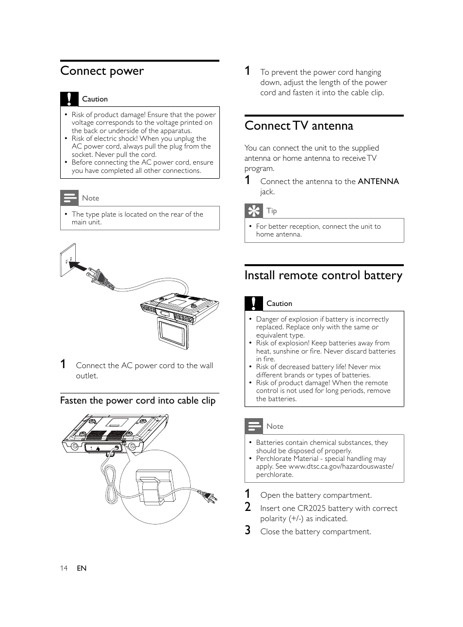 Connect tv antenna, Install remote control battery, Connect power | Philips AJL750/37 User Manual | Page 14 / 22