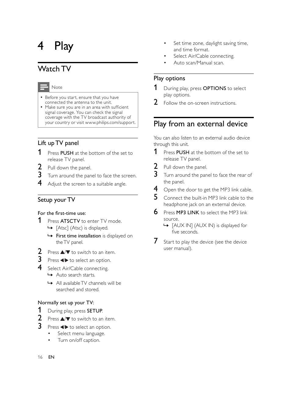 4 play, Play from an external device, Watch tv | Philips AJL750/37 User Manual | Page 16 / 22