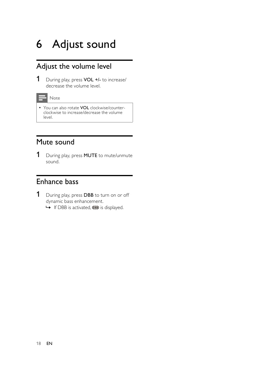 6 adjust sound, Adjust the volume level 1, Mute sound 1 | Enhance bass 1 | Philips AJL750/37 User Manual | Page 18 / 22