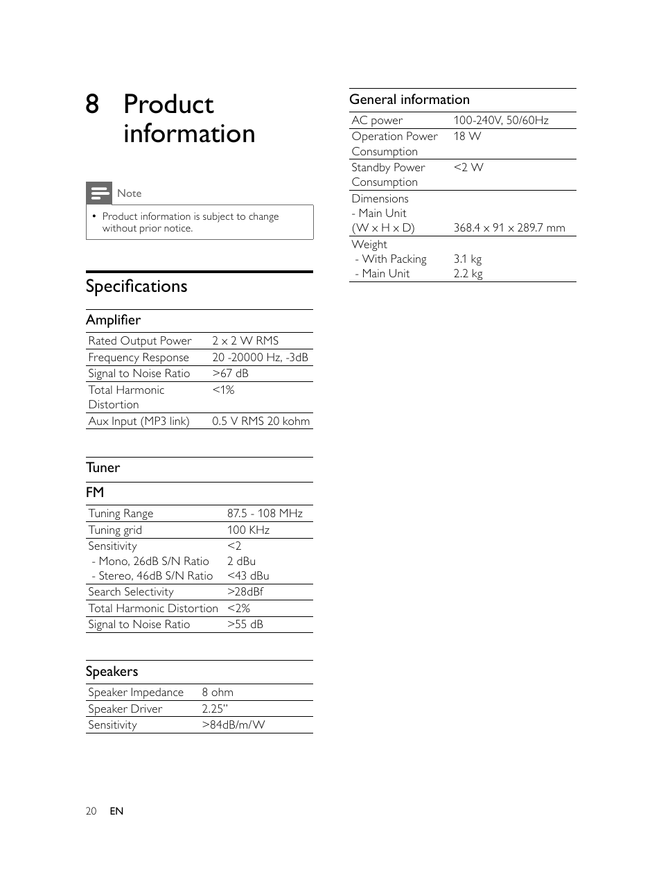 8 product information, Speciﬁ cations | Philips AJL750/37 User Manual | Page 20 / 22