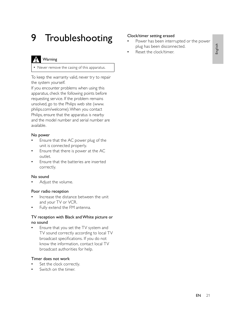 9 troubleshooting | Philips AJL750/37 User Manual | Page 21 / 22