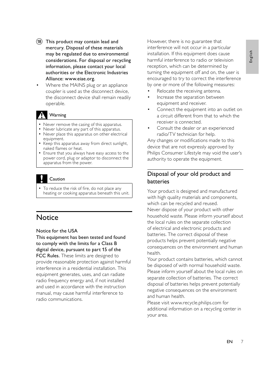 Notice, Disposal of your old product and batteries | Philips AJL750/37 User Manual | Page 7 / 22