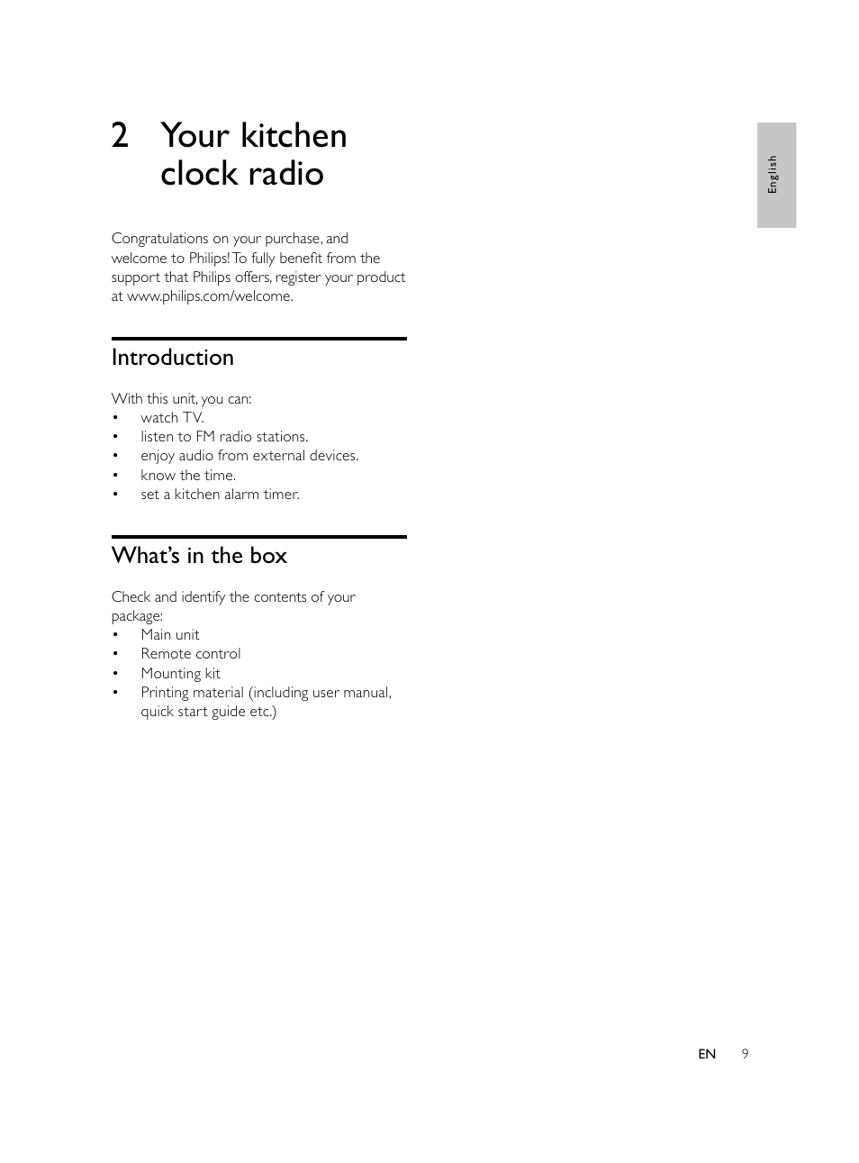 2 your kitchen clock radio, Introduction, What’s in the box | Philips AJL750/37 User Manual | Page 9 / 22