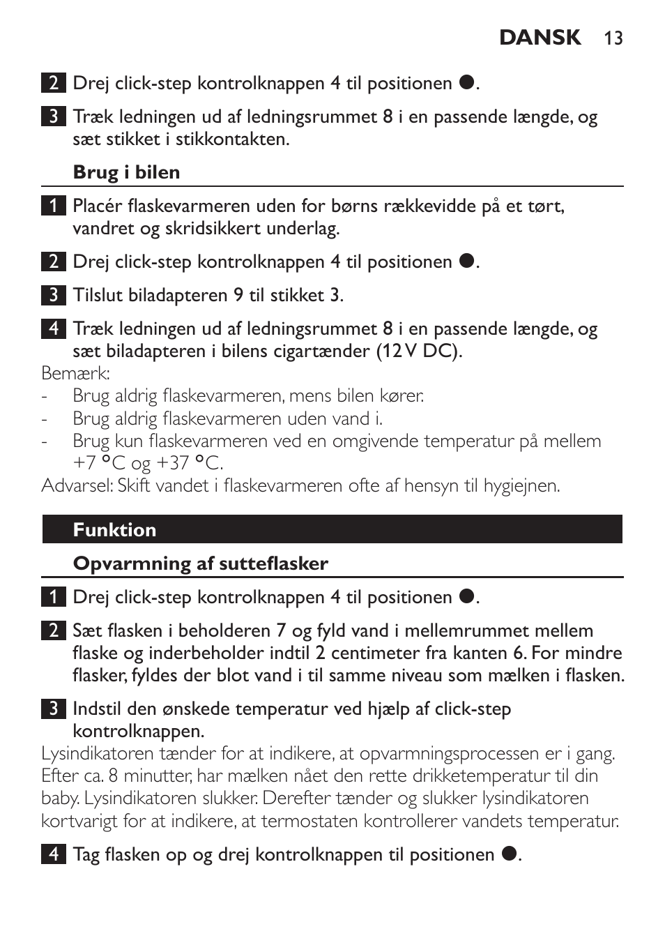 Brug i bilen, Funktion, Opvarmning af sutteflasker | Philips SCF215/86 User Manual | Page 13 / 94