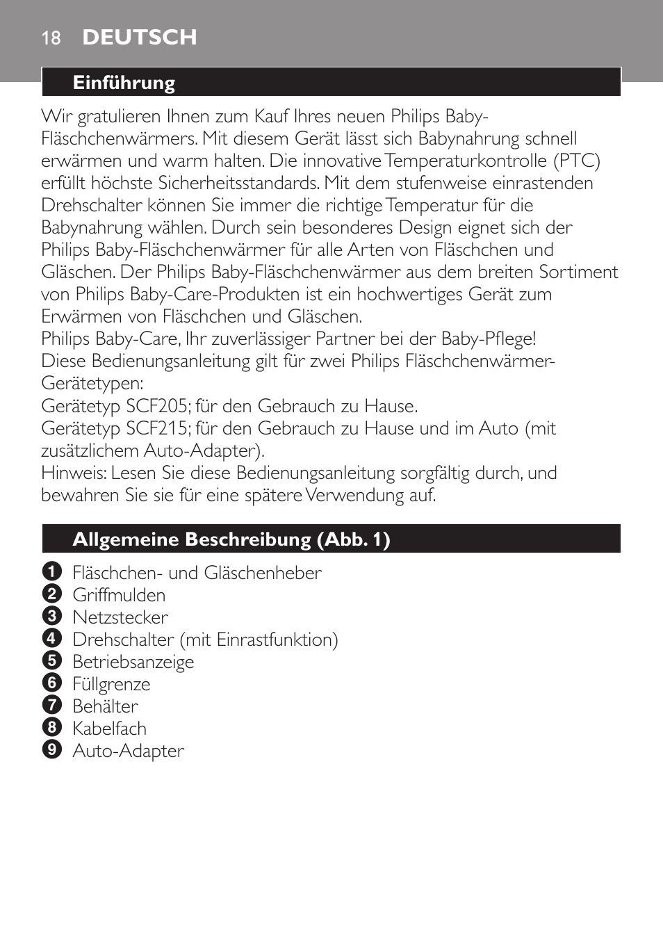 Deutsch, Einführung, Allgemeine beschreibung﻿ (abb. 1) | Philips SCF215/86 User Manual | Page 18 / 94