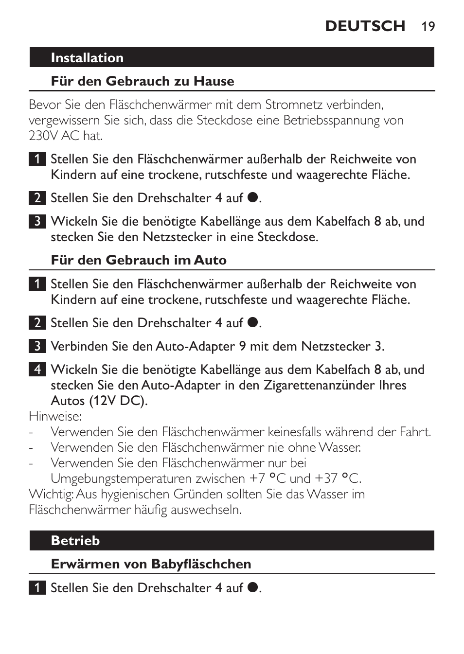 Installation, Für den gebrauch zu hause, Für den gebrauch im auto | Betrieb, Erwärmen von babyfläschchen | Philips SCF215/86 User Manual | Page 19 / 94