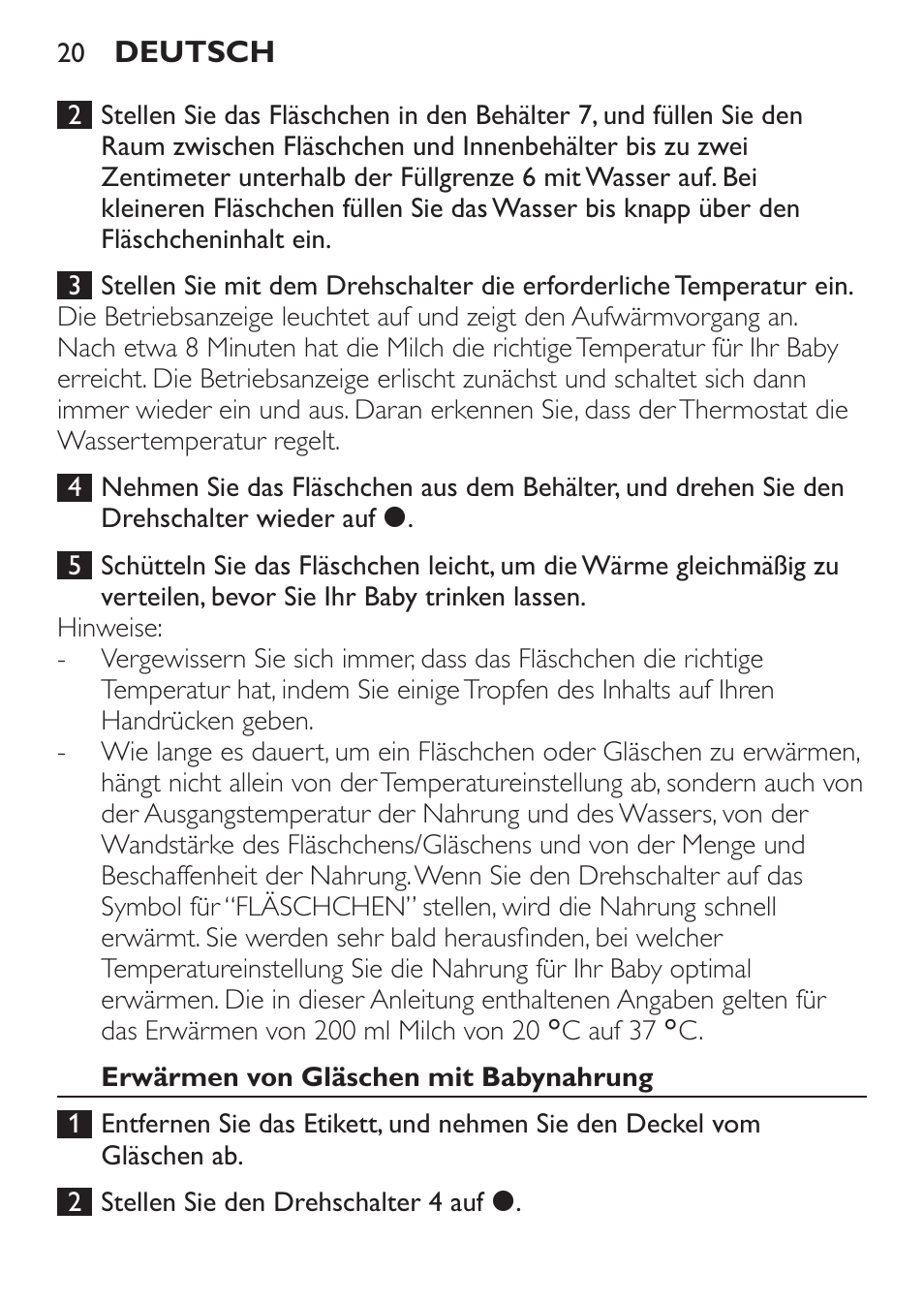 Erwärmen von gläschen mit babynahrung | Philips SCF215/86 User Manual | Page 20 / 94