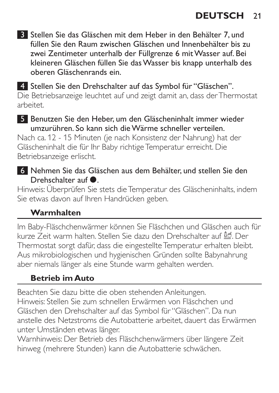 Warmhalten, Betrieb im auto | Philips SCF215/86 User Manual | Page 21 / 94