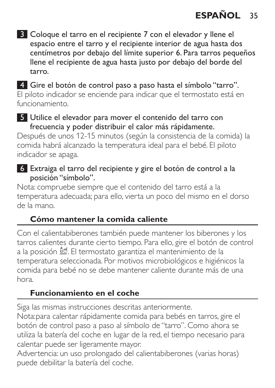 Cómo mantener la comida caliente, Funcionamiento en el coche | Philips SCF215/86 User Manual | Page 35 / 94