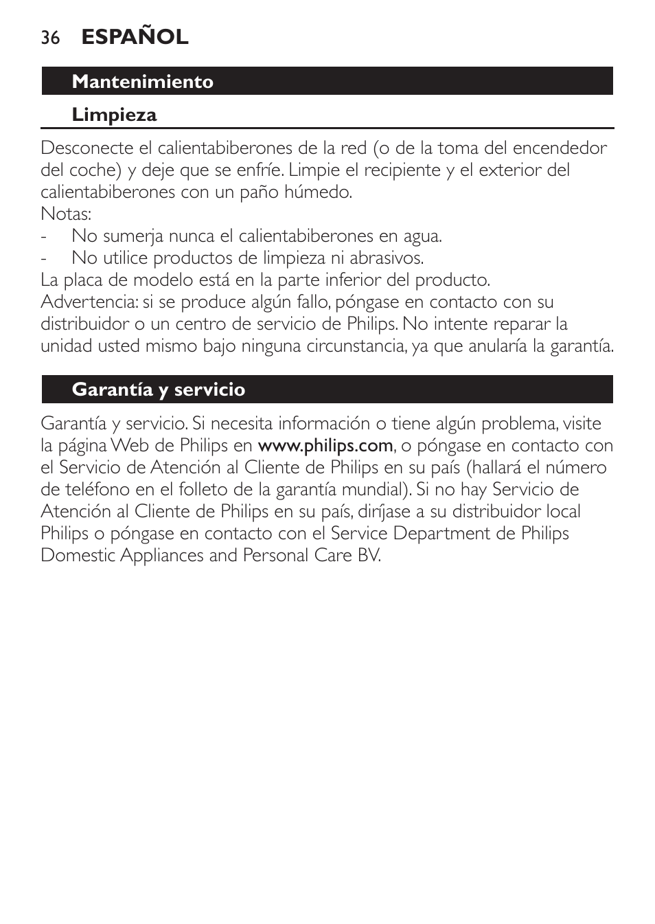 Mantenimiento, Limpieza, Garantía y servicio | Especificaciones técnicas | Philips SCF215/86 User Manual | Page 36 / 94