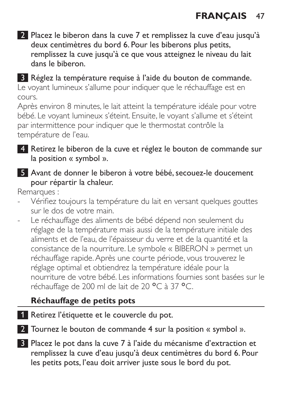 Réchauffage de petits pots | Philips SCF215/86 User Manual | Page 47 / 94