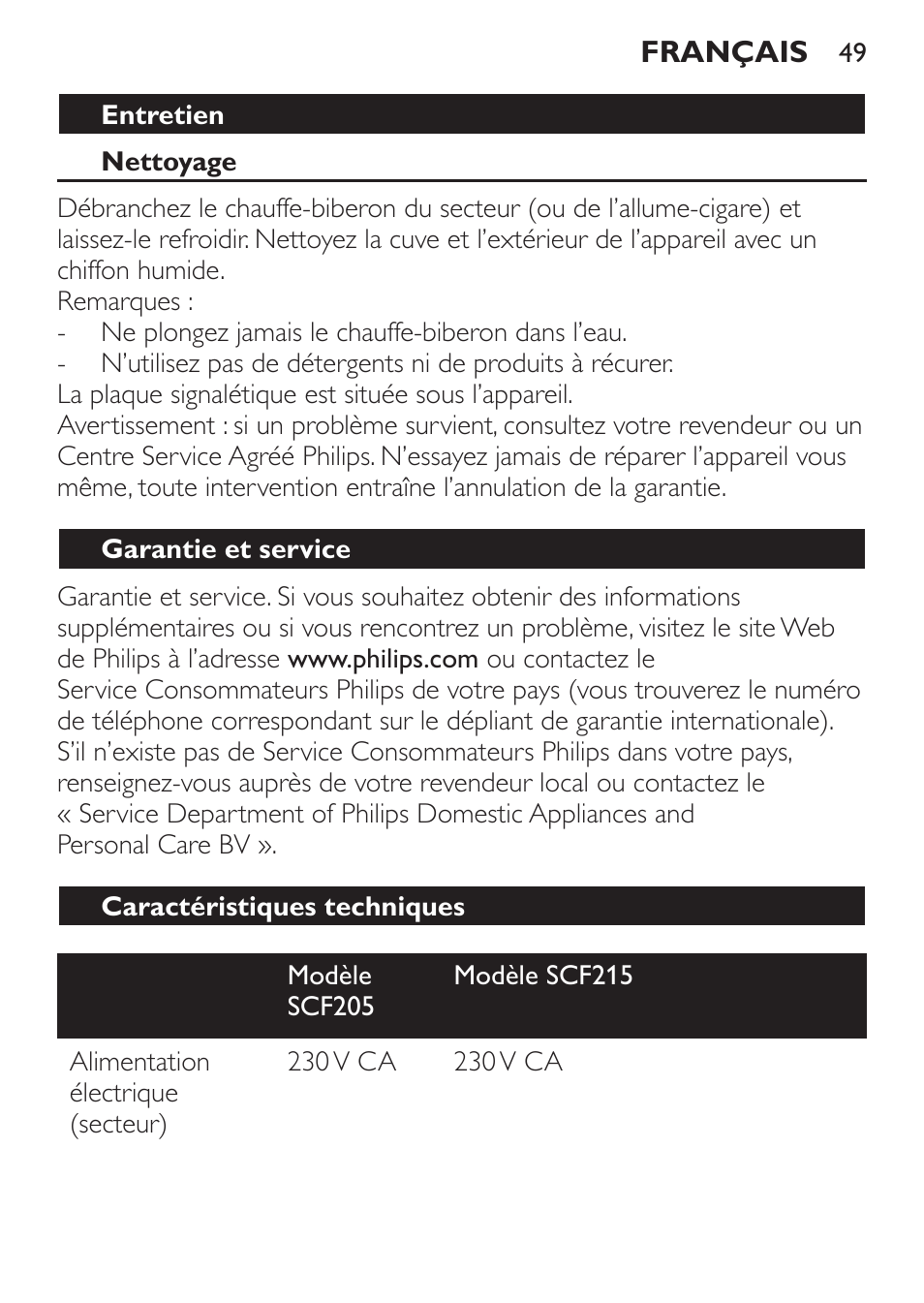 Entretien, Nettoyage, Garantie et service | Caractéristiques techniques | Philips SCF215/86 User Manual | Page 49 / 94