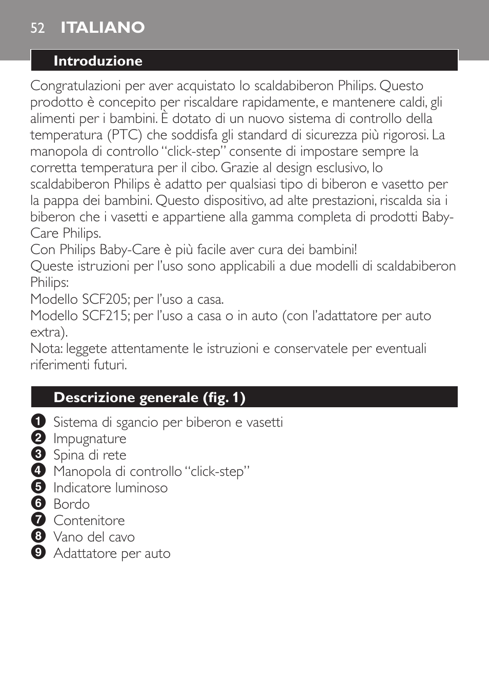 Italiano, Introduzione, Descrizione generale﻿ (fig. 1) | Philips SCF215/86 User Manual | Page 52 / 94