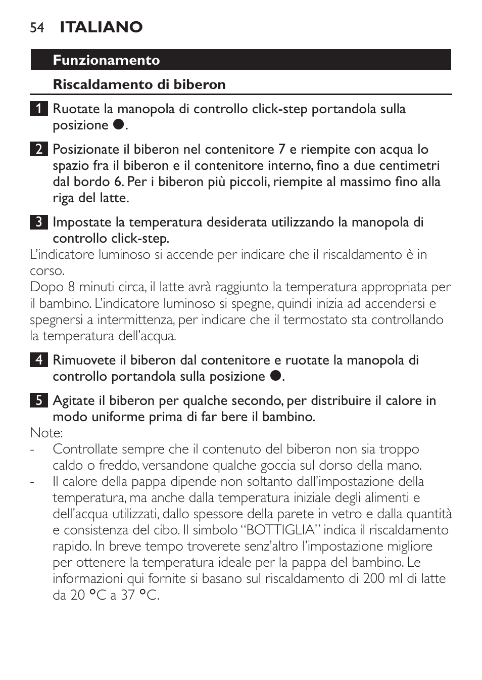 Funzionamento, Riscaldamento di biberon | Philips SCF215/86 User Manual | Page 54 / 94