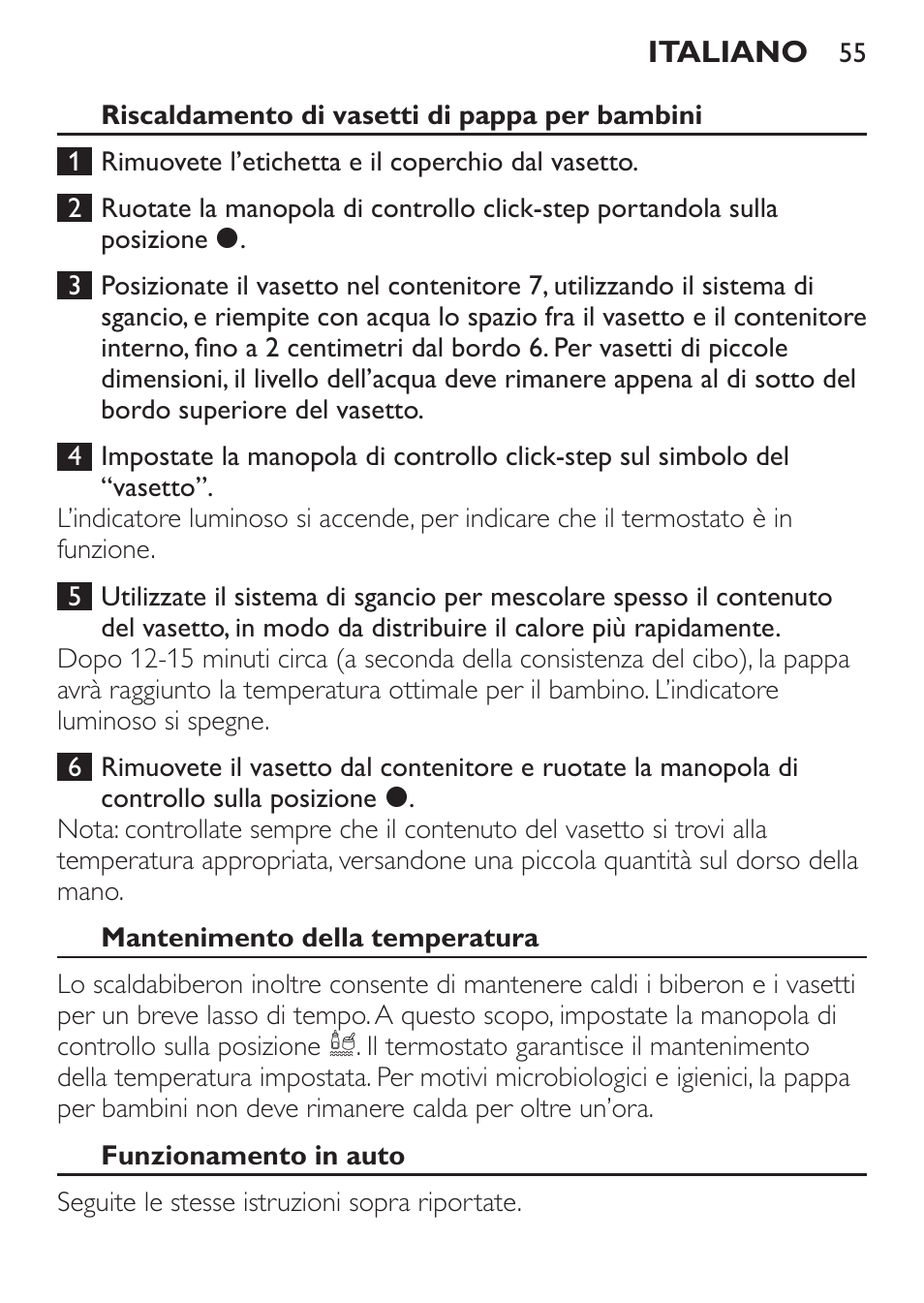 Riscaldamento di vasetti di pappa per bambini, Mantenimento della temperatura, Funzionamento in auto | Philips SCF215/86 User Manual | Page 55 / 94