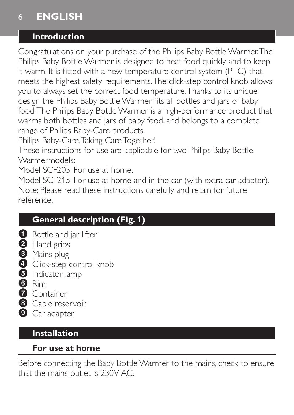 English, Introduction, General description﻿ (fig. 1) | Installation, For use at home | Philips SCF215/86 User Manual | Page 6 / 94