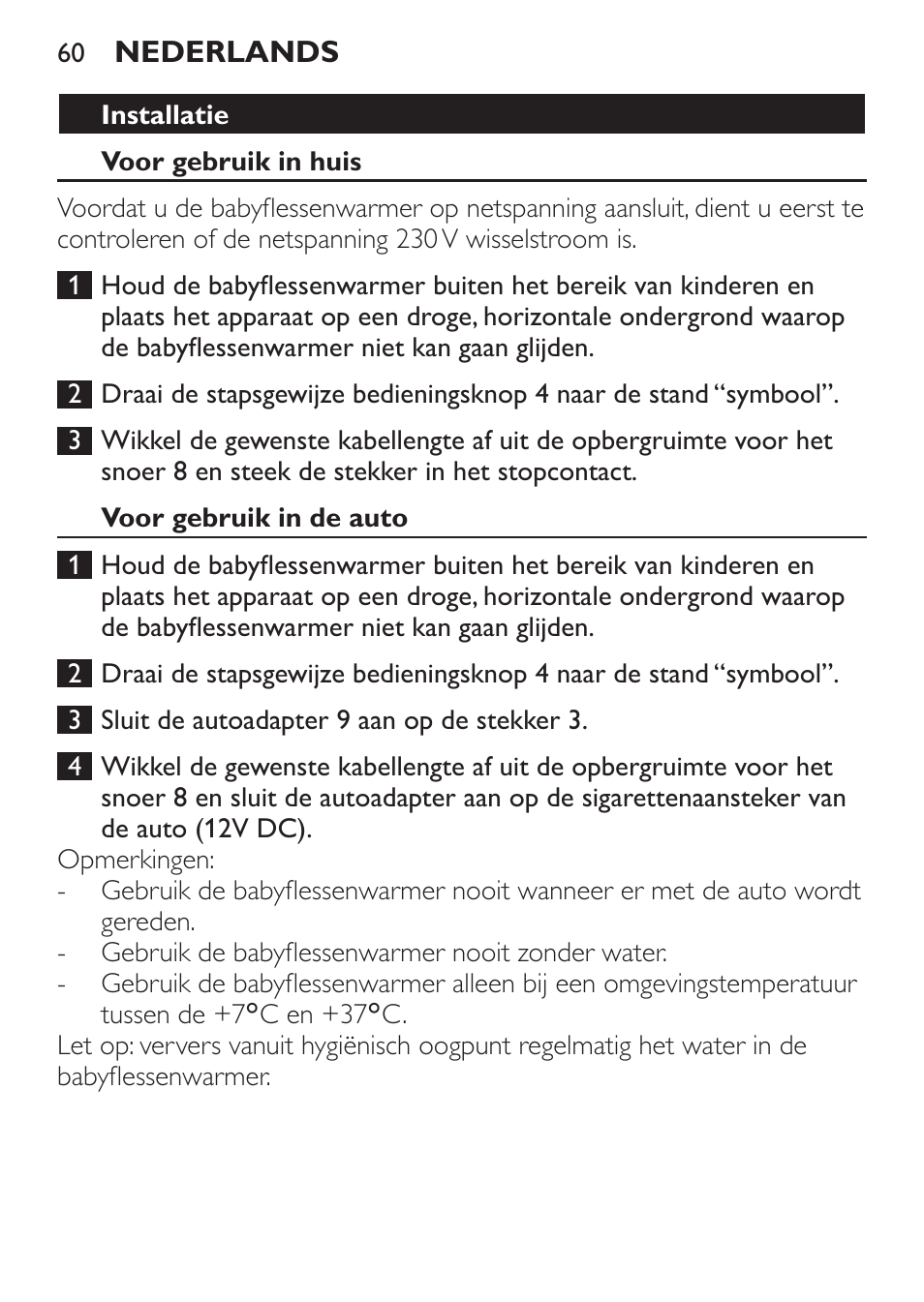 Installatie, Voor gebruik in huis, Voor gebruik in de auto | Philips SCF215/86 User Manual | Page 60 / 94