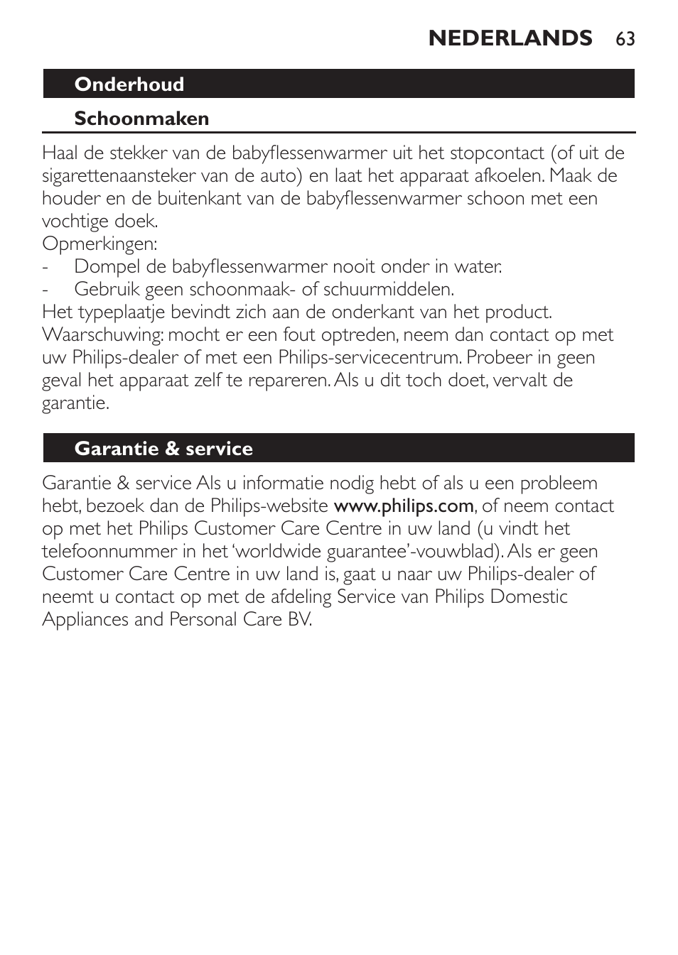 Onderhoud, Schoonmaken, Garantie & service | Technische specificaties | Philips SCF215/86 User Manual | Page 63 / 94