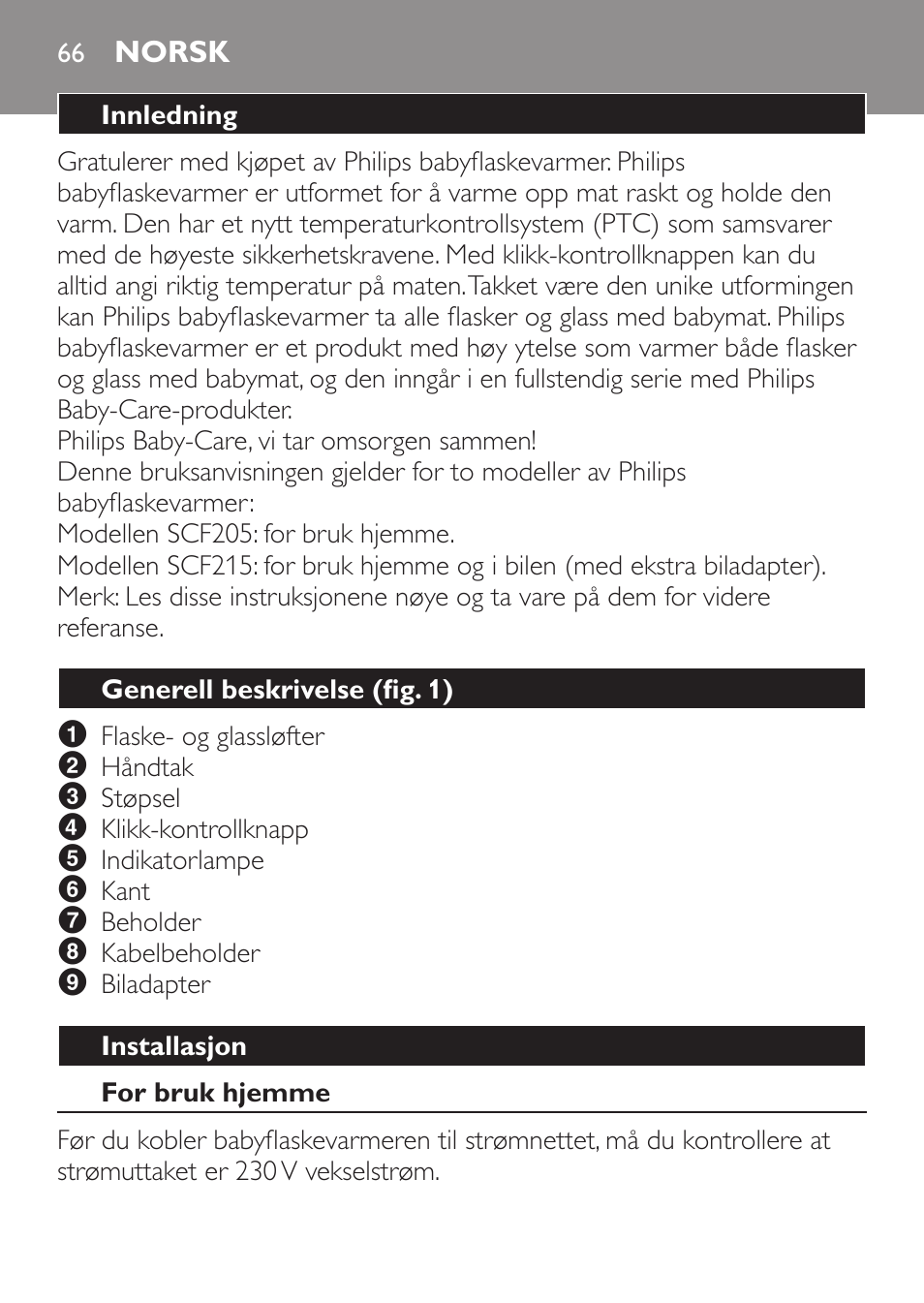 Norsk, Innledning, Generell beskrivelse﻿ (fig. 1) | Installasjon, For bruk hjemme | Philips SCF215/86 User Manual | Page 66 / 94