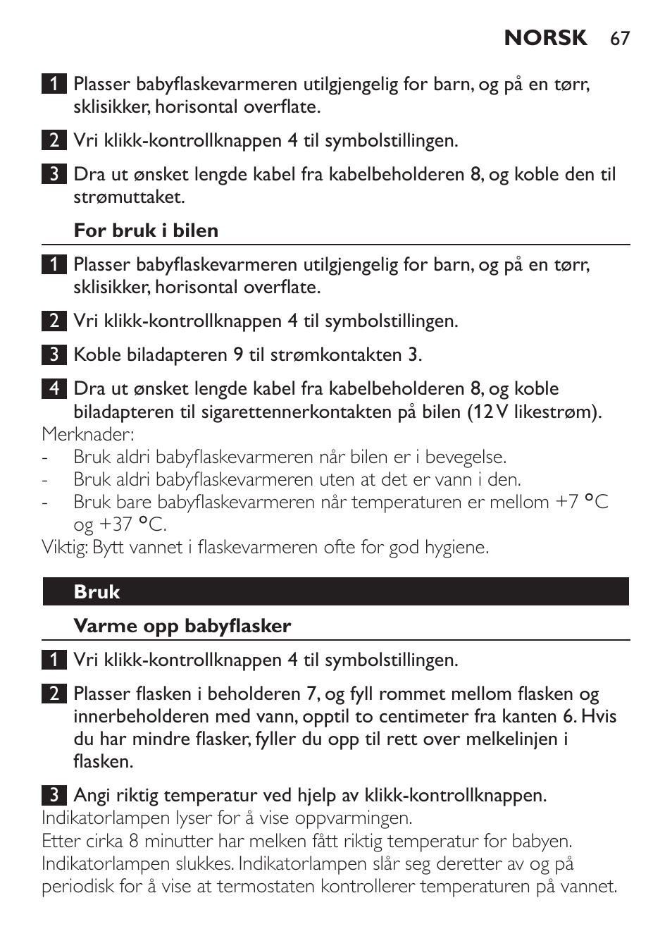 For bruk i bilen, Bruk, Varme opp babyflasker | Philips SCF215/86 User Manual | Page 67 / 94